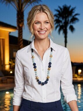 LOFT Beaded Statement Necklace | Navy, Gold & Seafoam